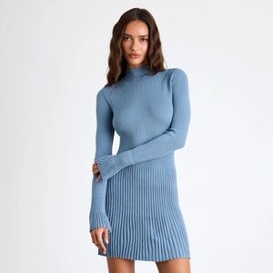 Lulus Adiva Slate Blue Ribbed Mock Neck Sweater Mini Dress - Size M